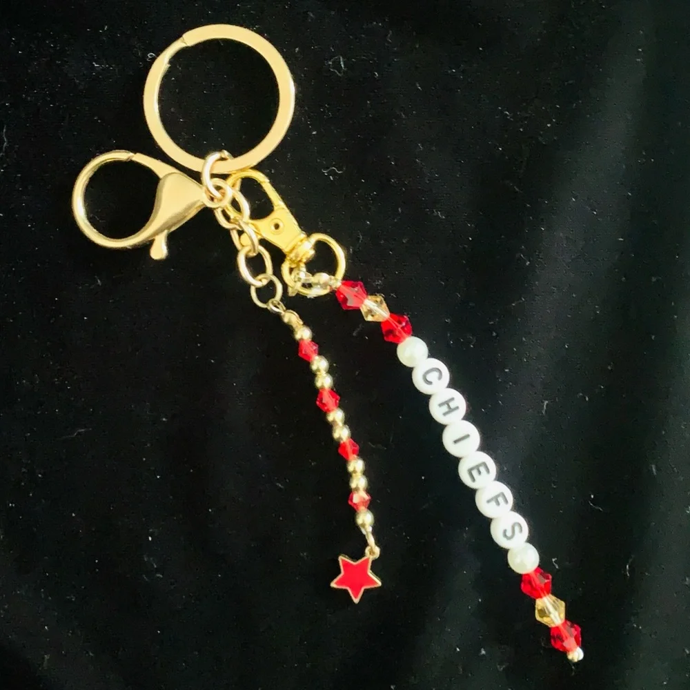 KC Chiefs Keychain Hand Beaded Red And Clear Crystals On A Gold Tone Keychain